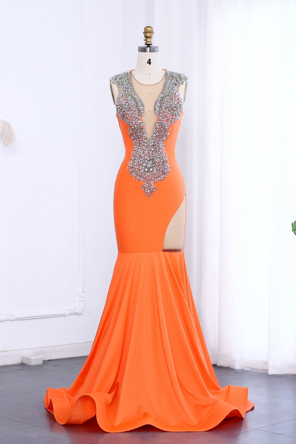 Orange Crystal Rhinestone Plunging Prom Dresses SH002 Sheer Fairy
