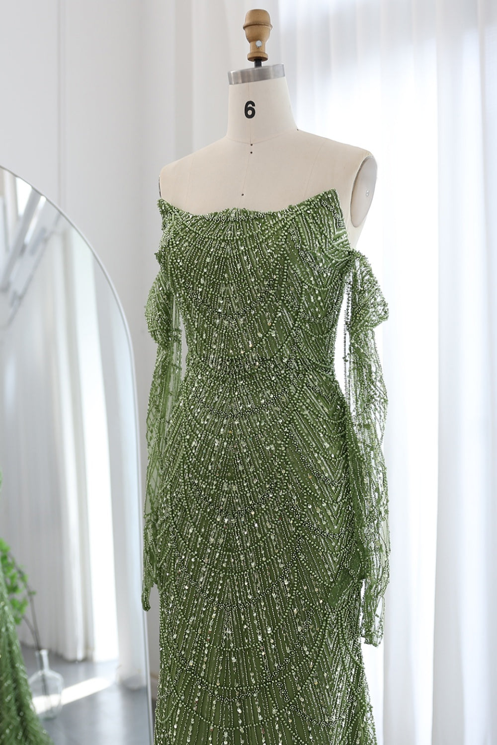 Luxury Beaded Green Mermaid Evening Dress with Gloves SS606 Sheer Fairy
