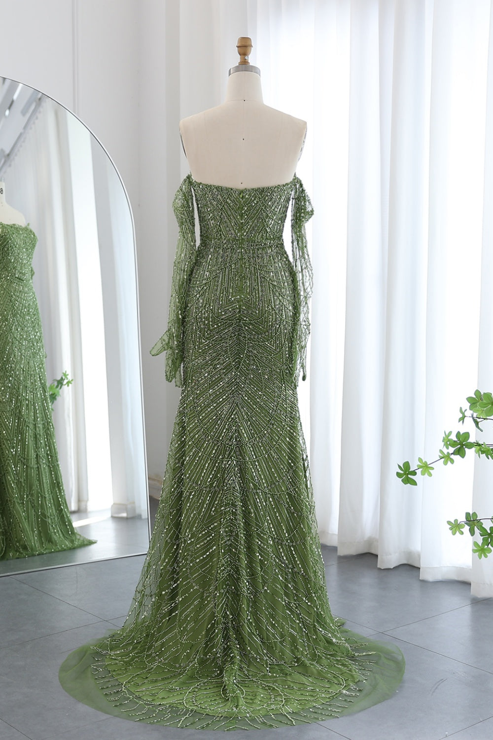 Luxury Beaded Green Mermaid Evening Dress with Gloves SS606 Sheer Fairy