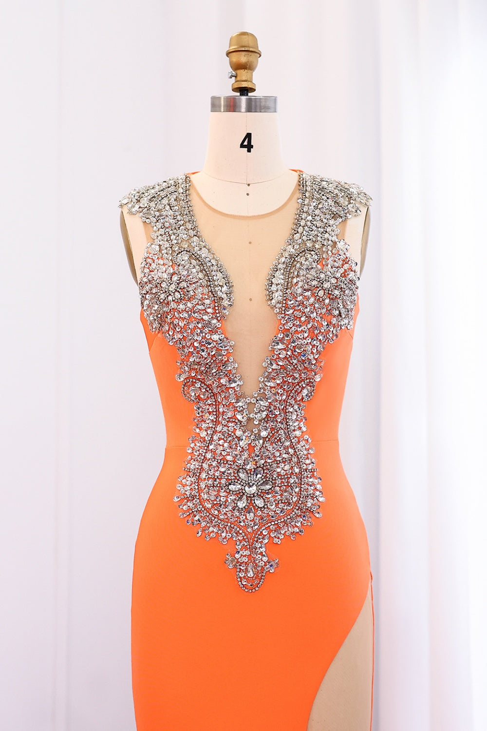 Orange Crystal Rhinestone Plunging Prom Dresses SH002 Sheer Fairy