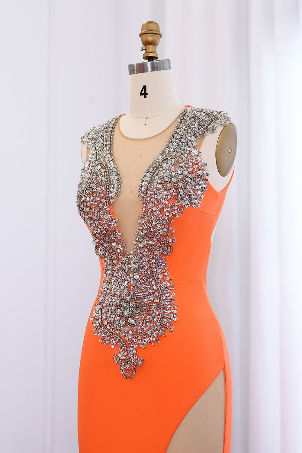 Orange Crystal Rhinestone Plunging Prom Dresses SH002 Sheer Fairy