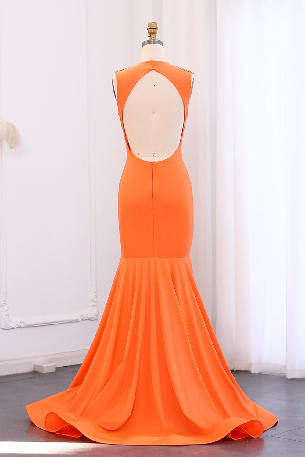 Orange Crystal Rhinestone Plunging Prom Dresses SH002 Sheer Fairy