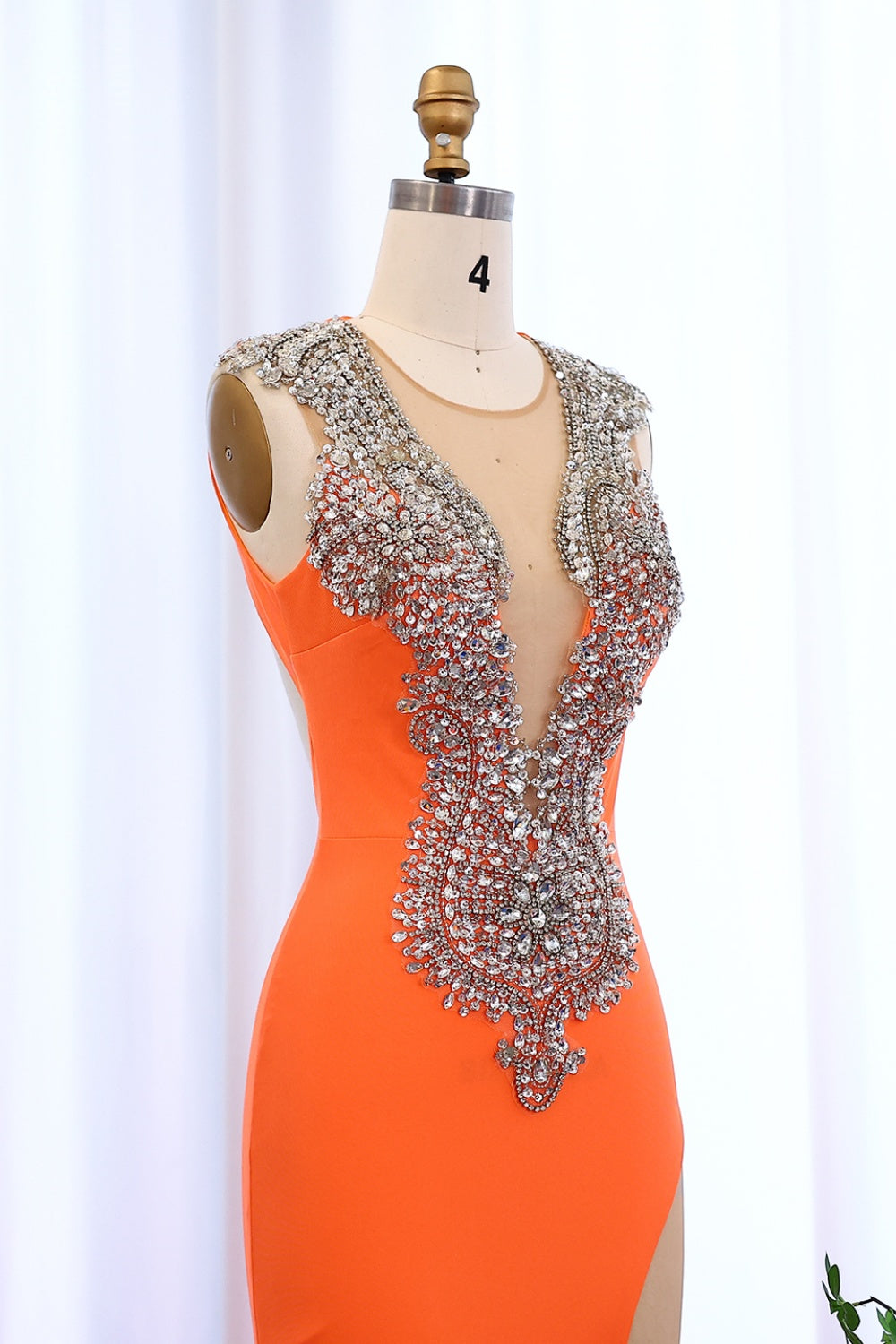 Orange Crystal Rhinestone Plunging Prom Dresses SH002 Sheer Fairy