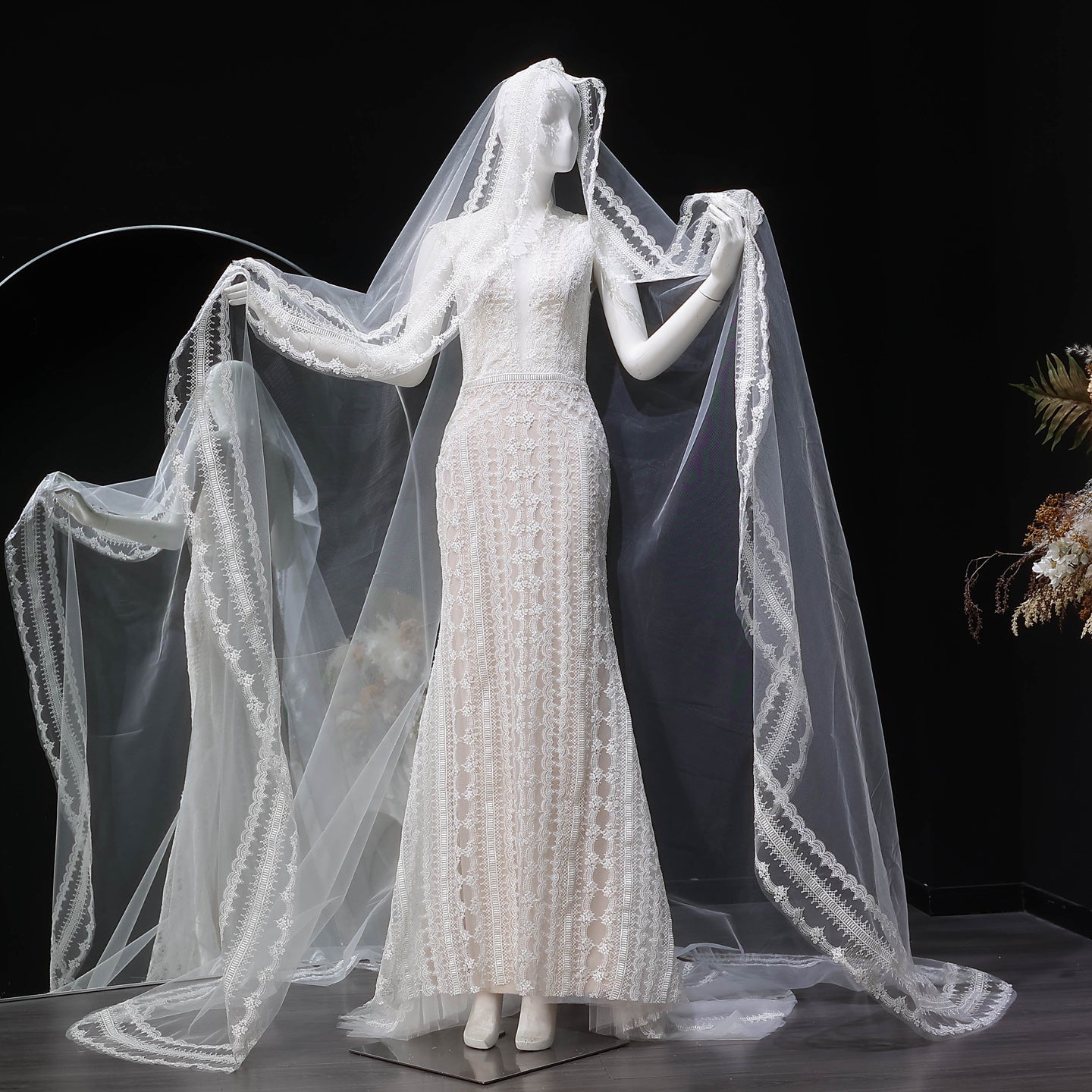 V Neck Elegant Lace Mermaid Wedding Dress with Cathedral Veil SW662 Sheer Fairy