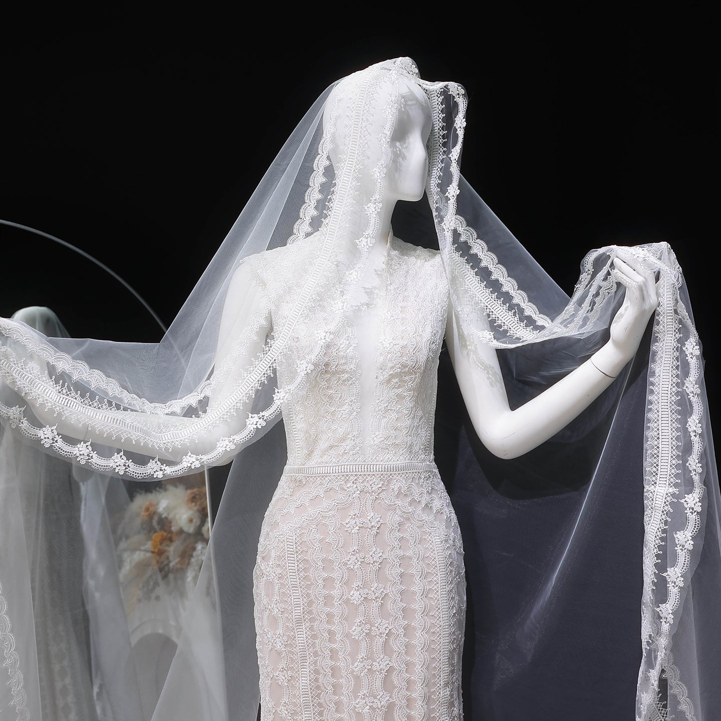V Neck Elegant Lace Mermaid Wedding Dress with Cathedral Veil SW662 Sheer Fairy