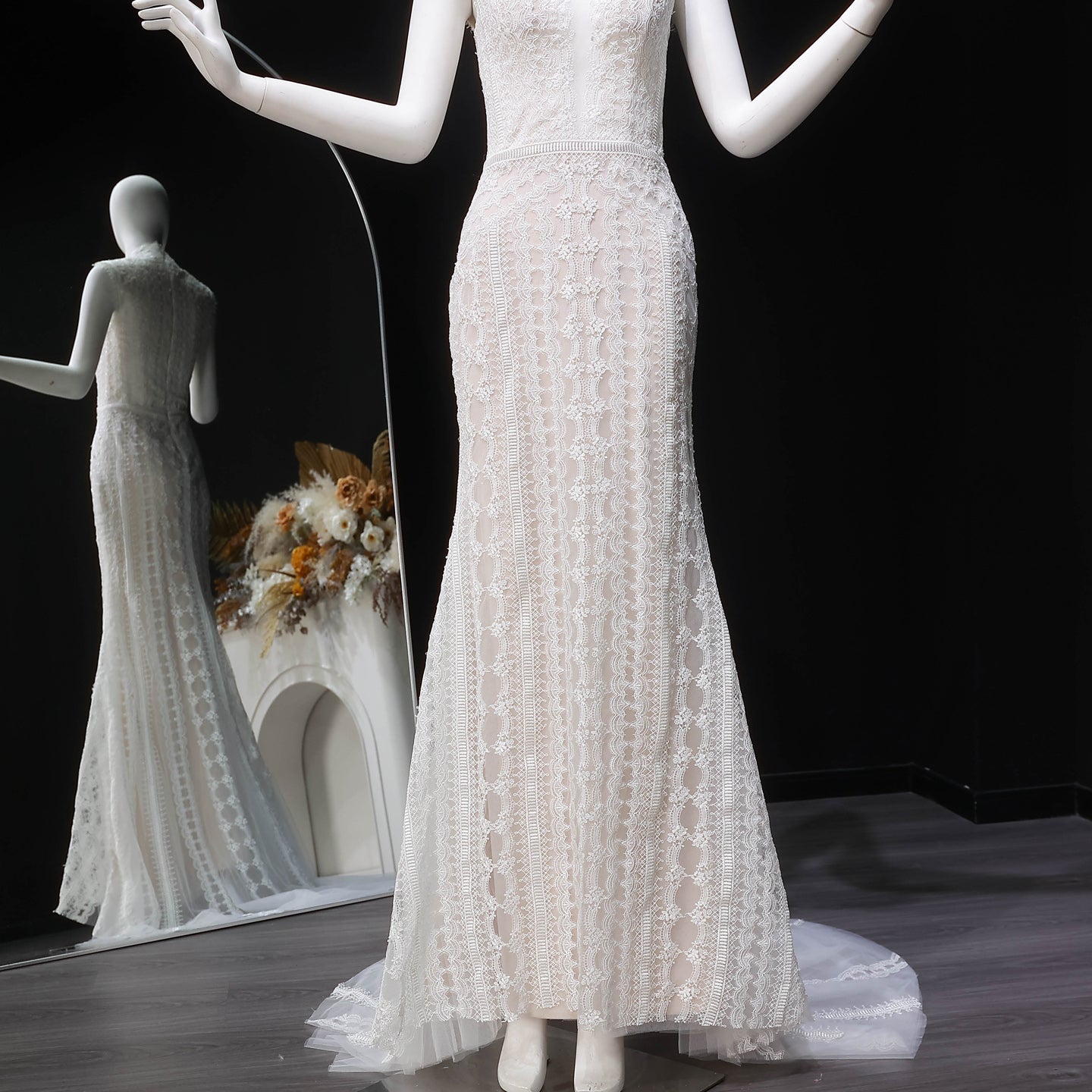 V Neck Elegant Lace Mermaid Wedding Dress with Cathedral Veil SW662 Sheer Fairy