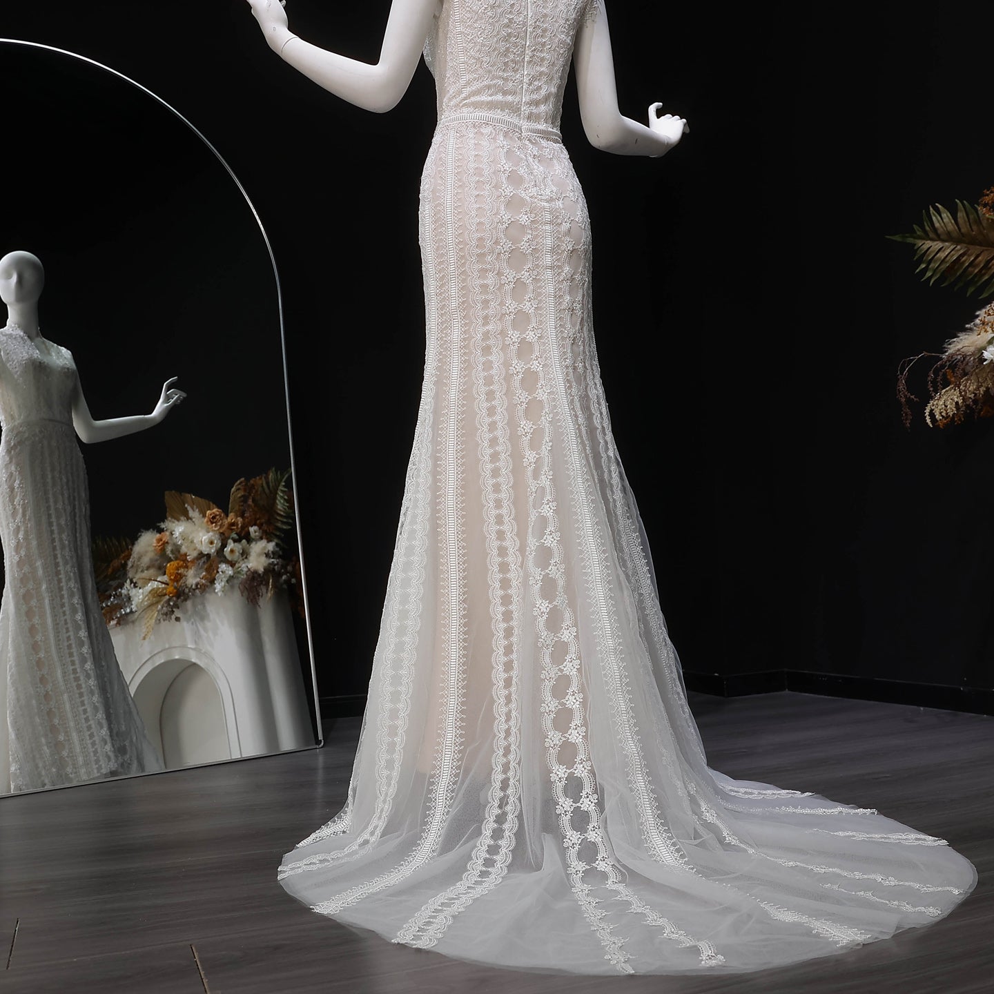 V Neck Elegant Lace Mermaid Wedding Dress with Cathedral Veil SW662 Sheer Fairy