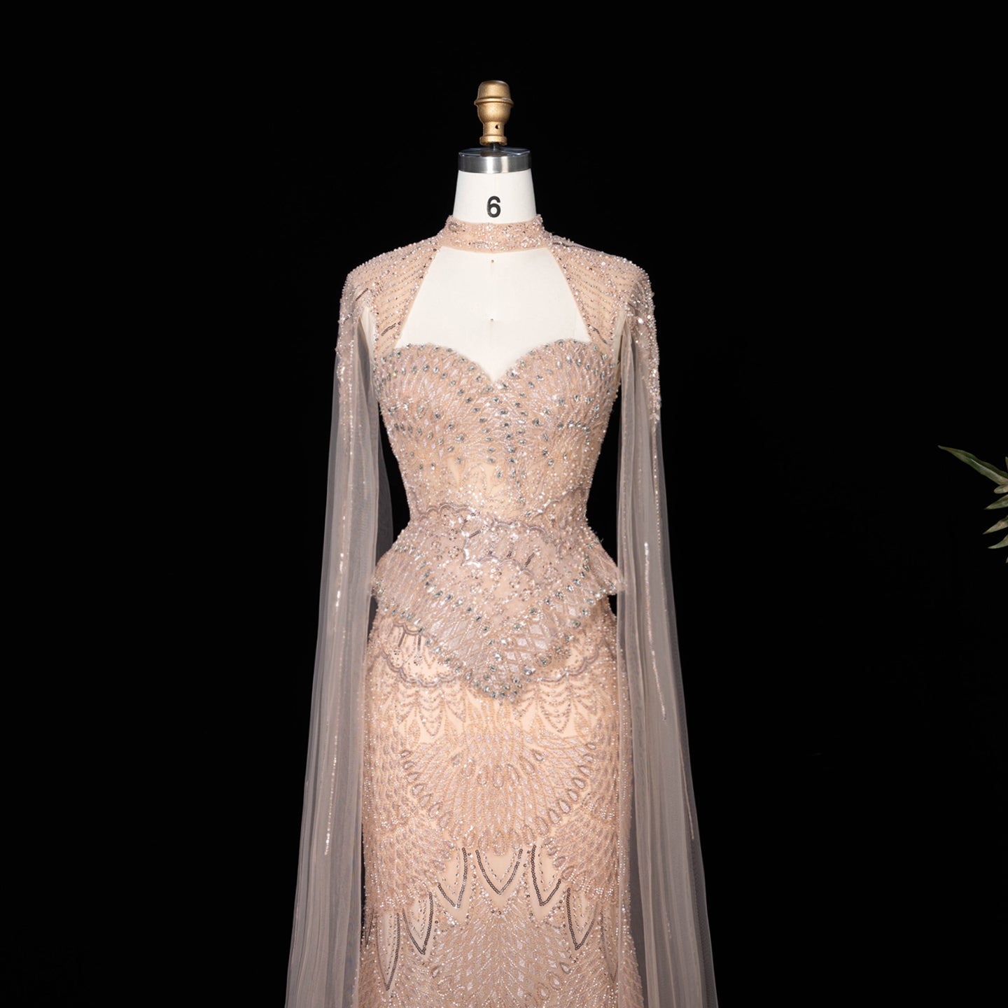 Champagne Beaded Sheer Corset Evening Gown with Draped Cape & Pleated Skirt SS538（副本） Sheer Fairy