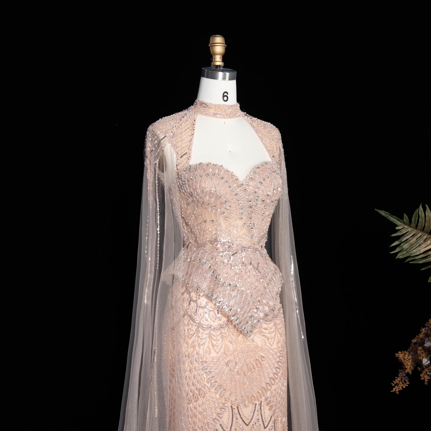 Champagne Beaded Sheer Corset Evening Gown with Draped Cape & Pleated Skirt SS538（副本） Sheer Fairy