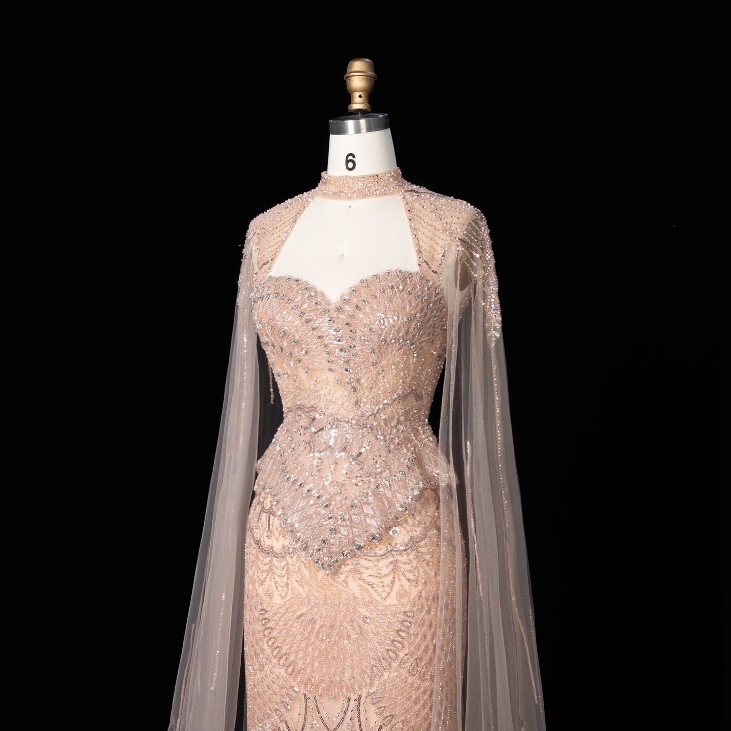 Champagne Beaded Sheer Corset Evening Gown with Draped Cape & Pleated Skirt SS538（副本） Sheer Fairy