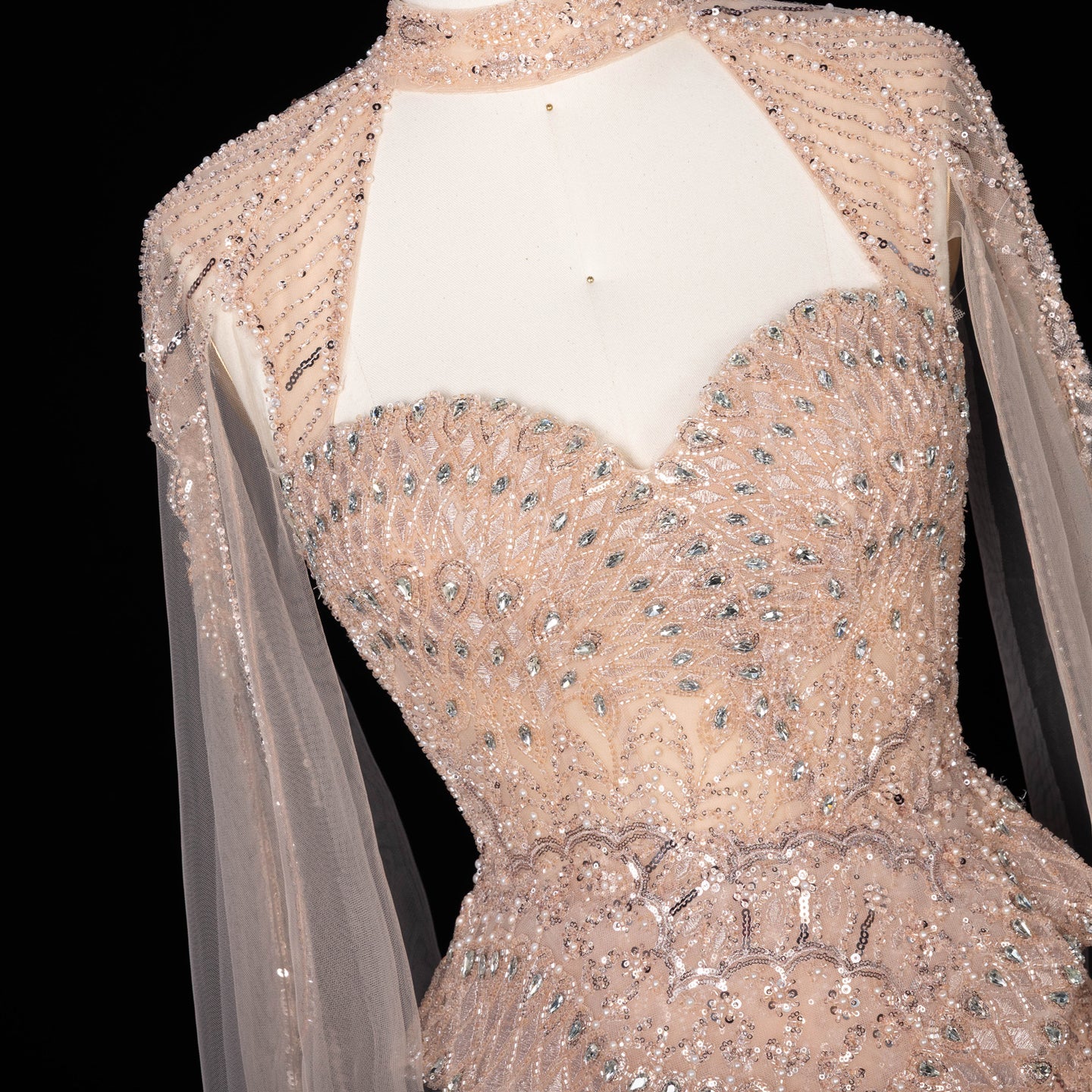 Champagne Beaded Sheer Corset Evening Gown with Draped Cape & Pleated Skirt SS538（副本） Sheer Fairy