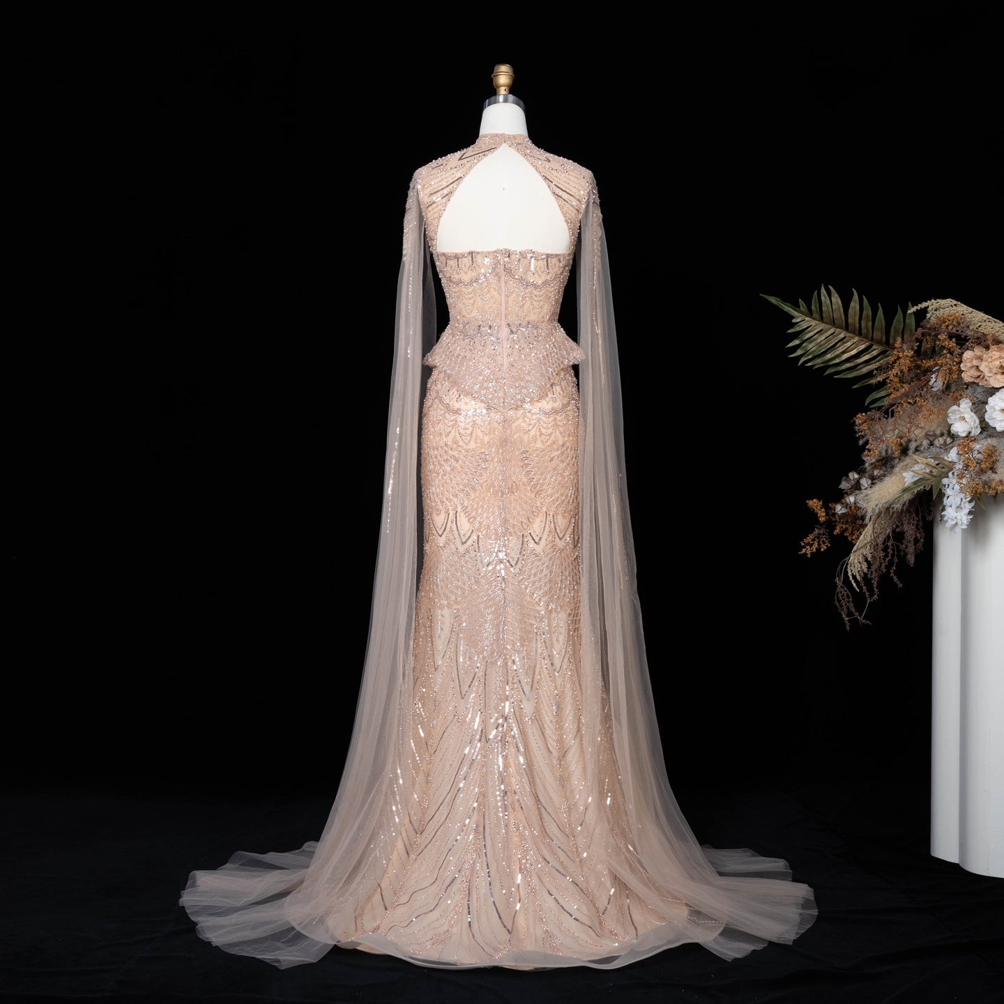 Champagne Beaded Sheer Corset Evening Gown with Draped Cape & Pleated Skirt SS538（副本） Sheer Fairy