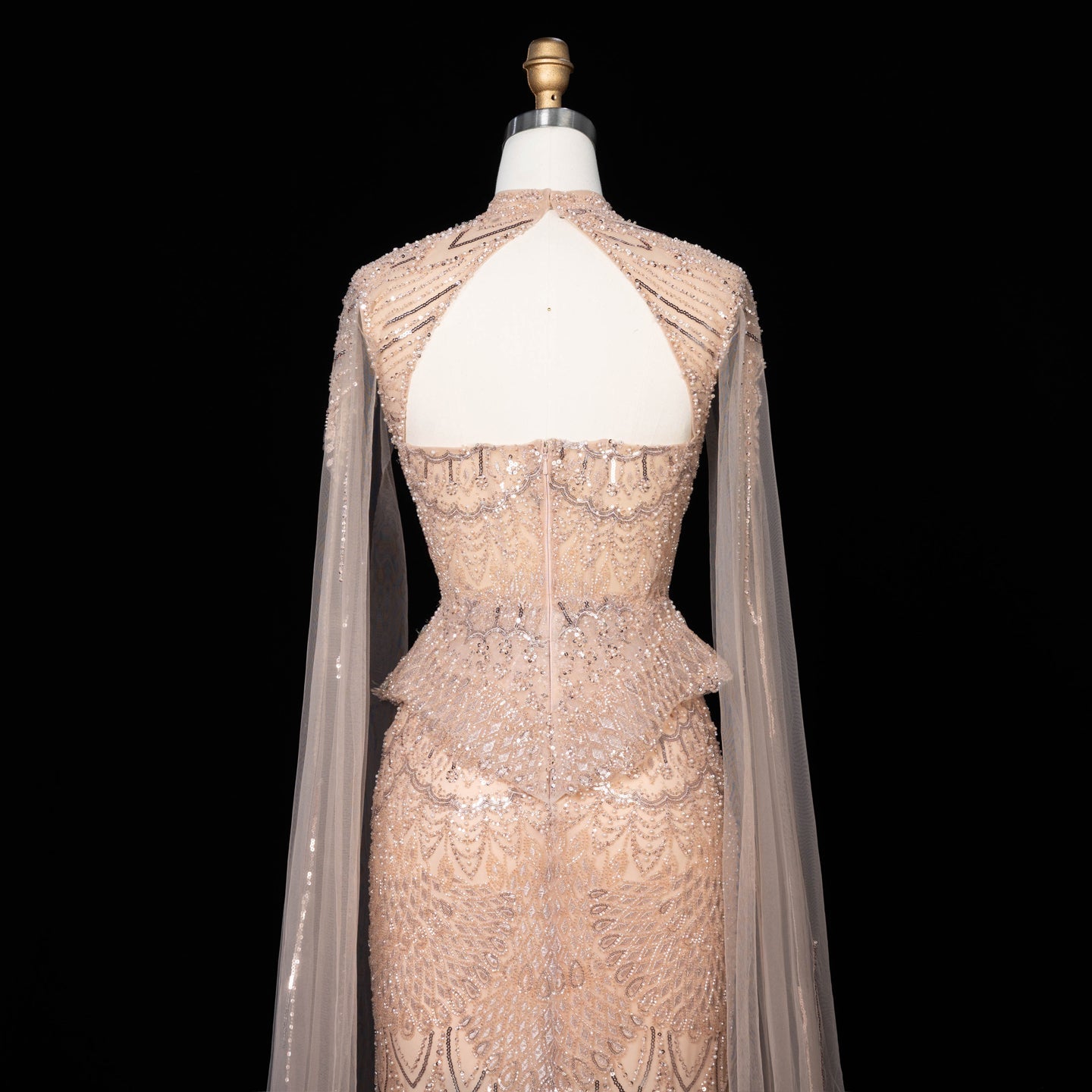Champagne Beaded Sheer Corset Evening Gown with Draped Cape & Pleated Skirt SS538（副本） Sheer Fairy