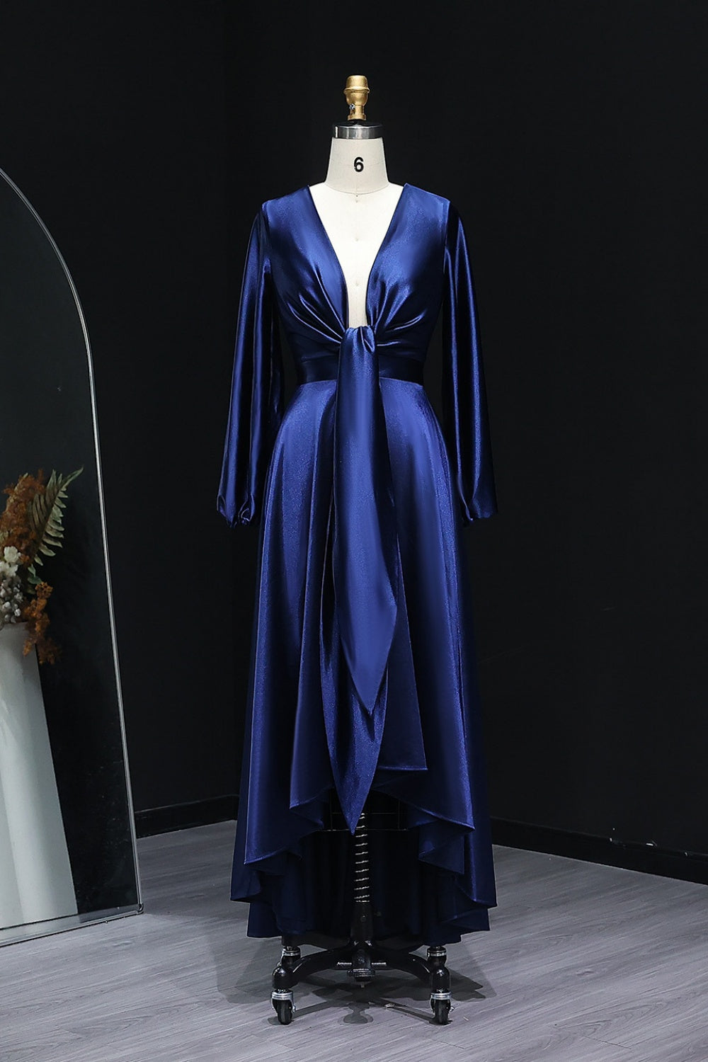 Navy Blue Satin Deep V-Neck Wrap Prom Dress SH301 Sheer Fairy
