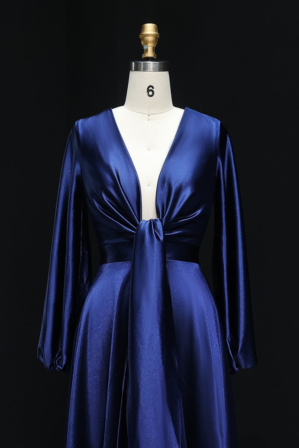 Navy Blue Satin Deep V-Neck Wrap Prom Dress SH301 Sheer Fairy