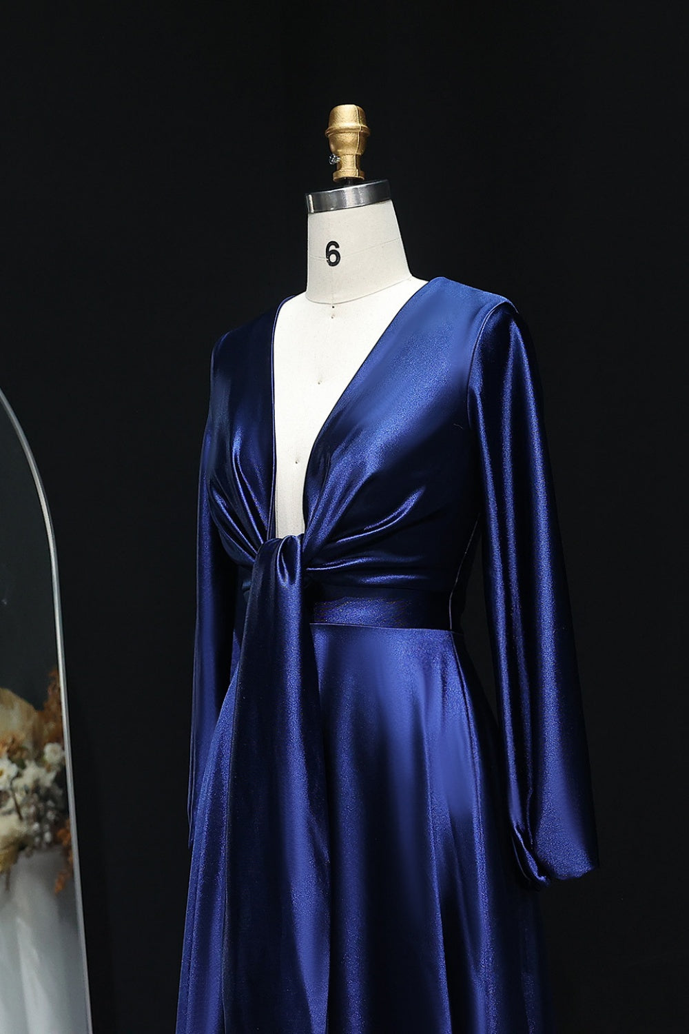 Navy Blue Satin Deep V-Neck Wrap Prom Dress SH301 Sheer Fairy