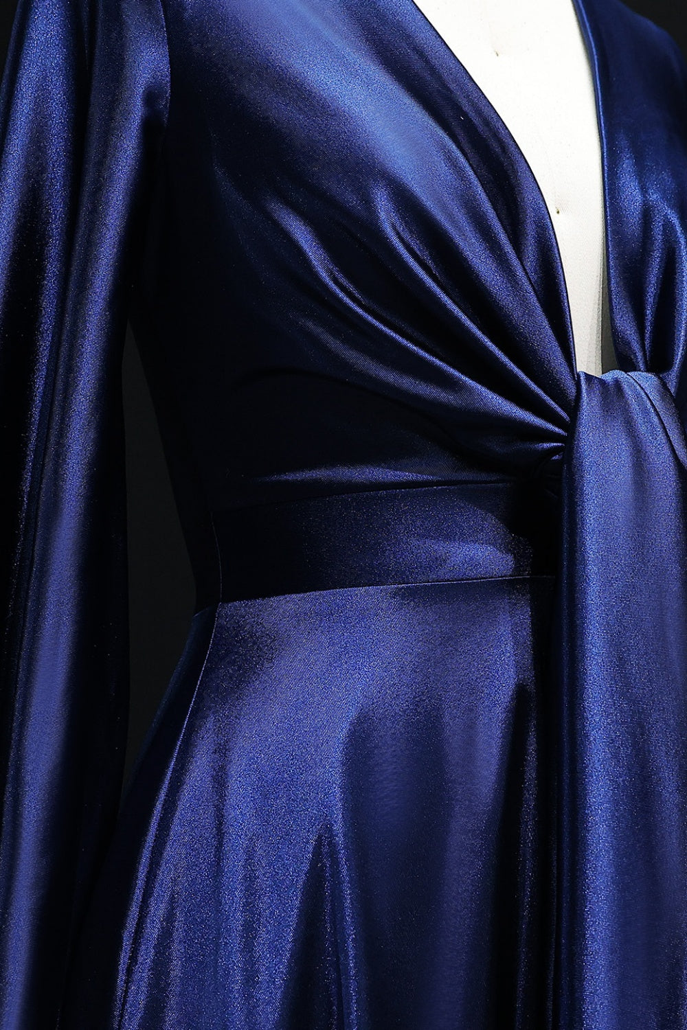 Navy Blue Satin Deep V-Neck Wrap Prom Dress SH301 Sheer Fairy