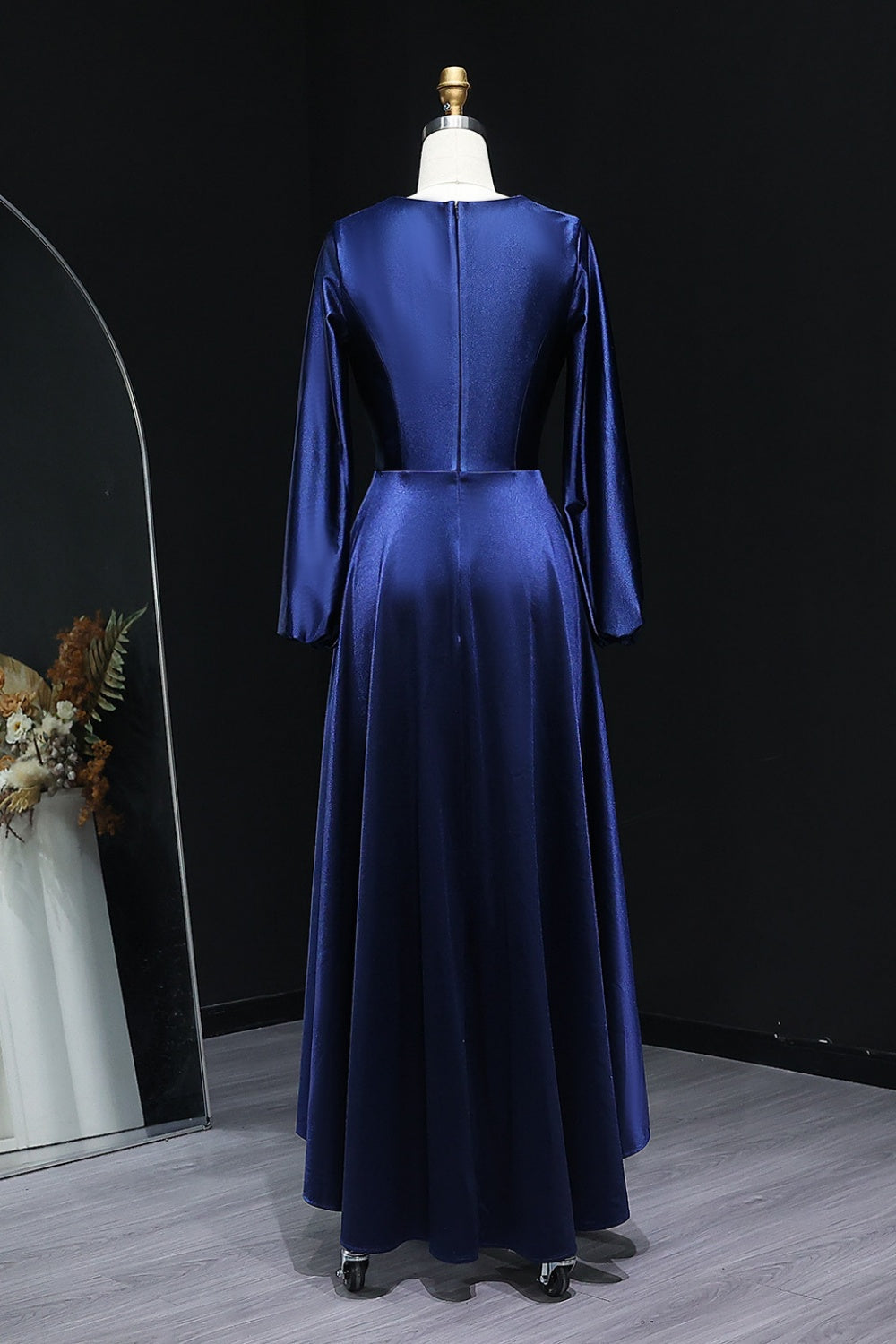 Navy Blue Satin Deep V-Neck Wrap Prom Dress SH301 Sheer Fairy