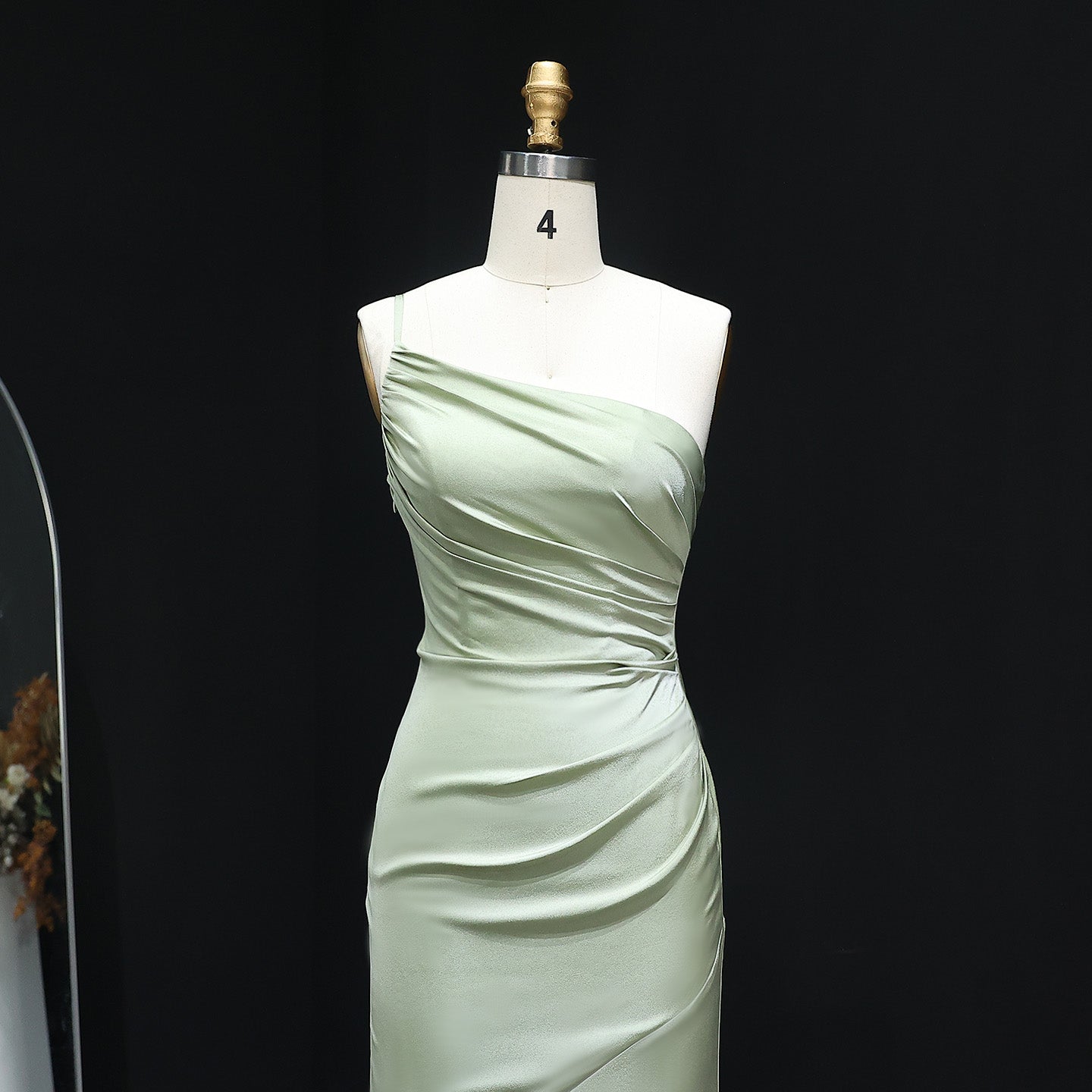 Sage Green One-Shoulder Satin Sheath Bridesmaid Dress BS001