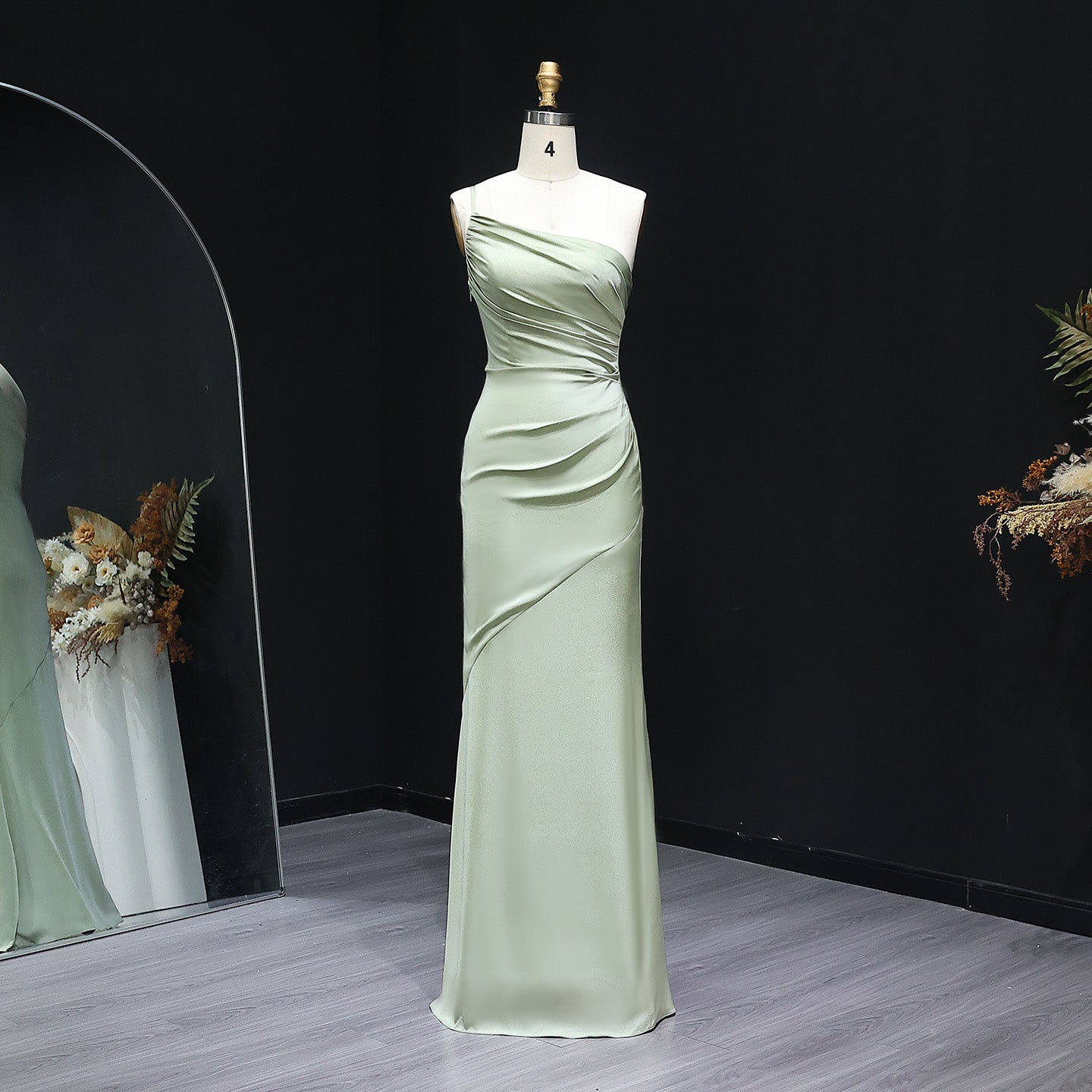 Sage Green One-Shoulder Satin Sheath Bridesmaid Dress BS001