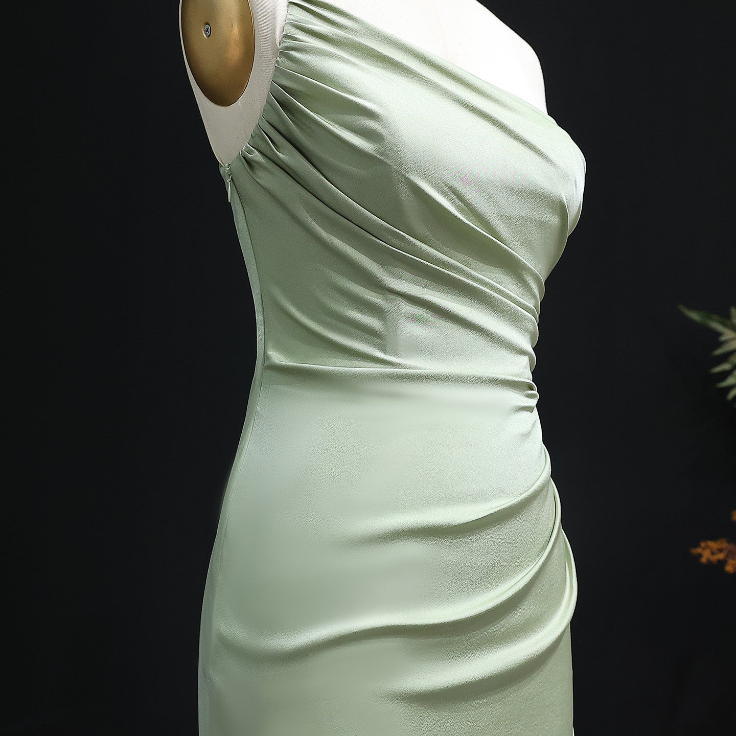 Sage Green One-Shoulder Satin Sheath Bridesmaid Dress BS001