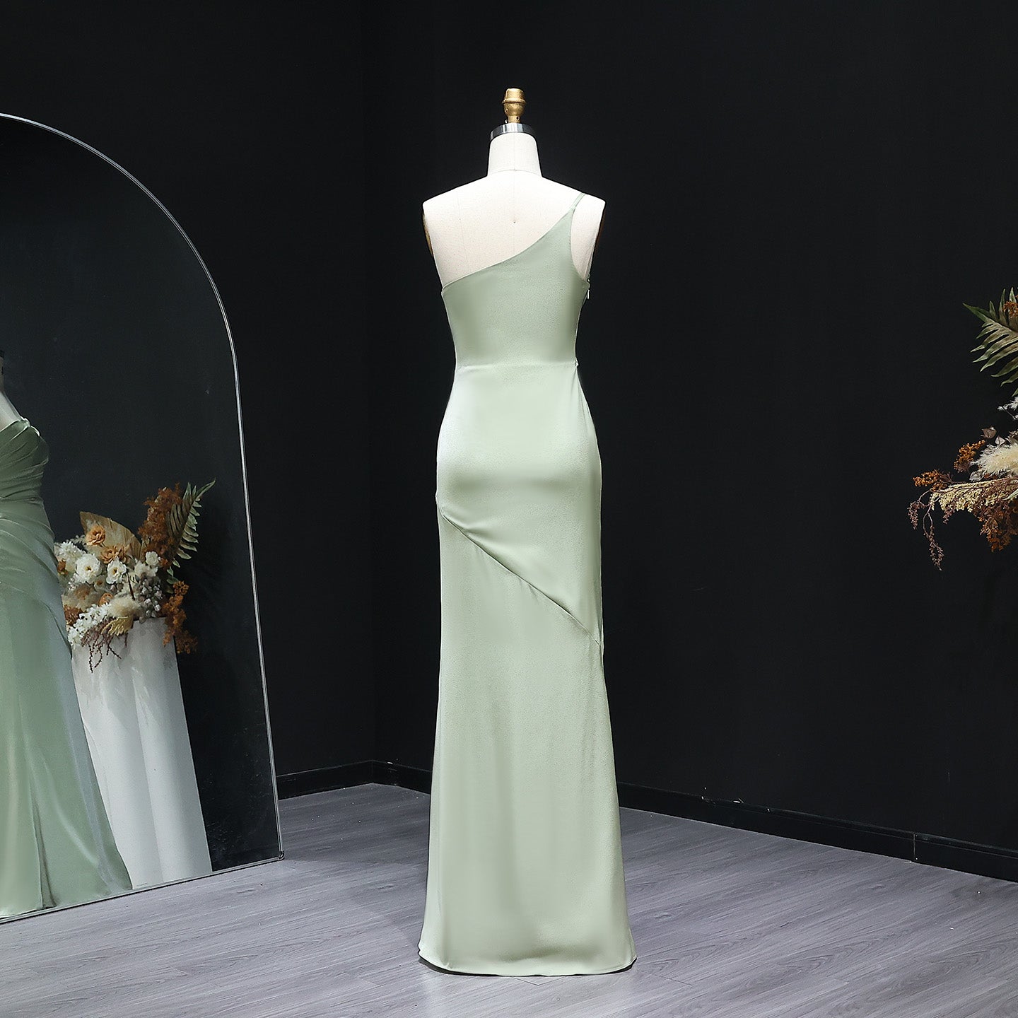 Sage Green One-Shoulder Satin Sheath Bridesmaid Dress BS001