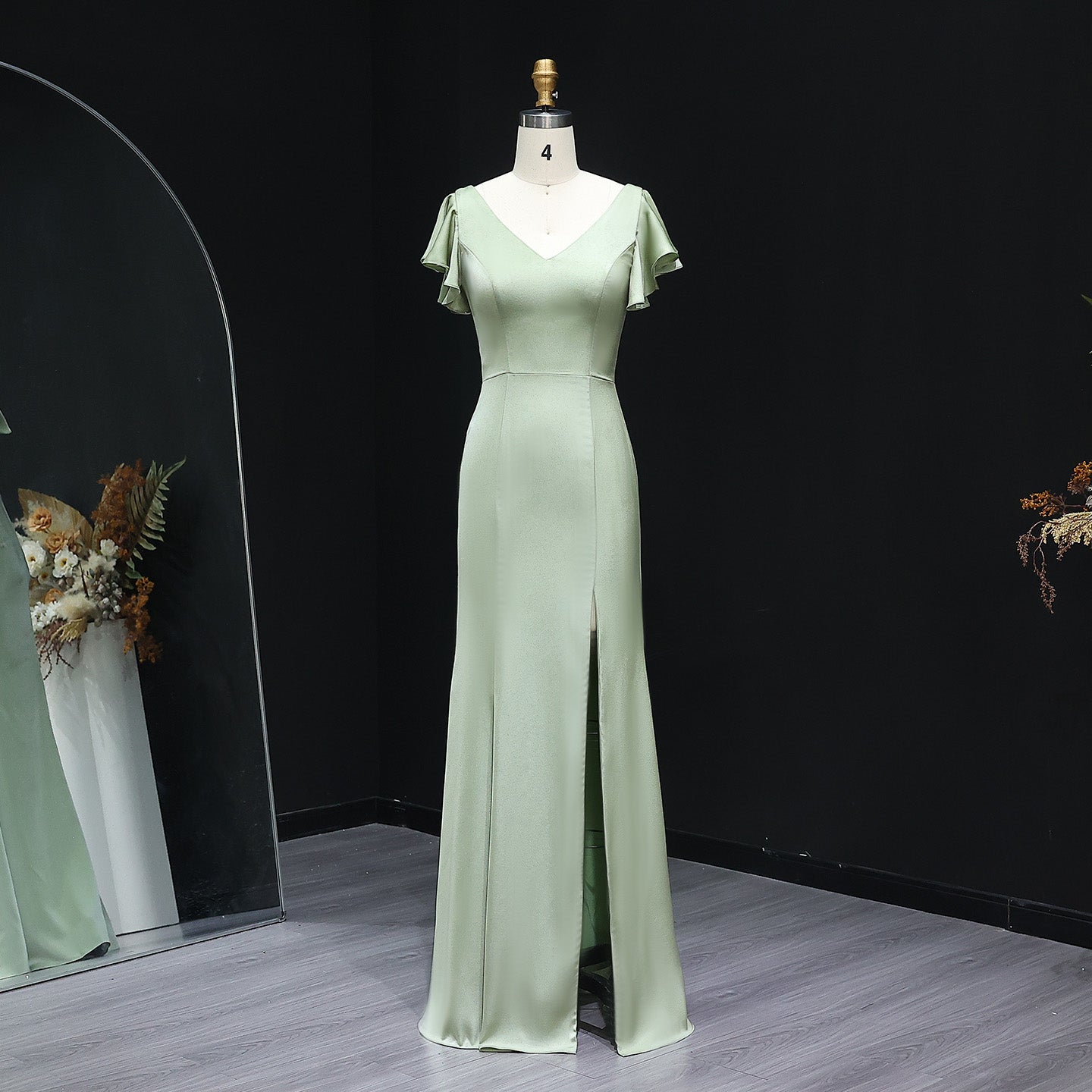 Simplicity Sage Green V-Neck Satin Sheath Bridesmaid Dress BS022