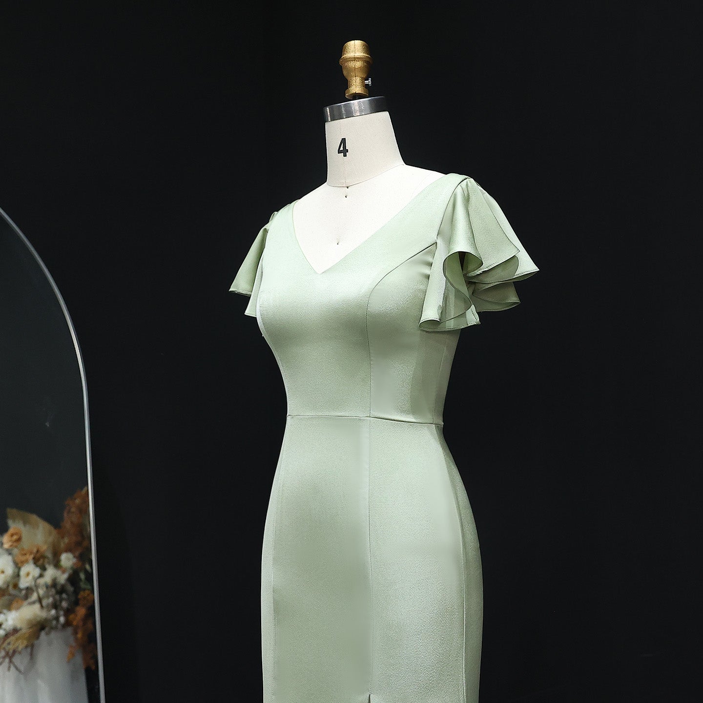 Simplicity Sage Green V-Neck Satin Sheath Bridesmaid Dress BS022