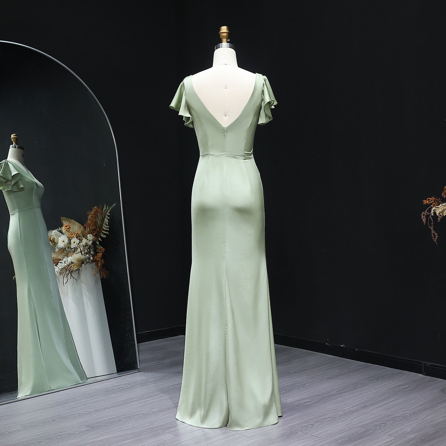 Simplicity Sage Green V-Neck Satin Sheath Bridesmaid Dress BS022