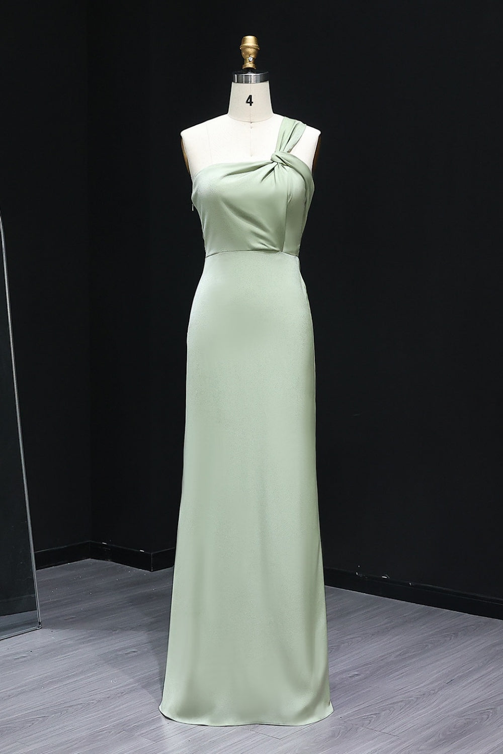 Sage Green Twist One-Shoulder Satin Sheath Bridesmaid Dress BS030