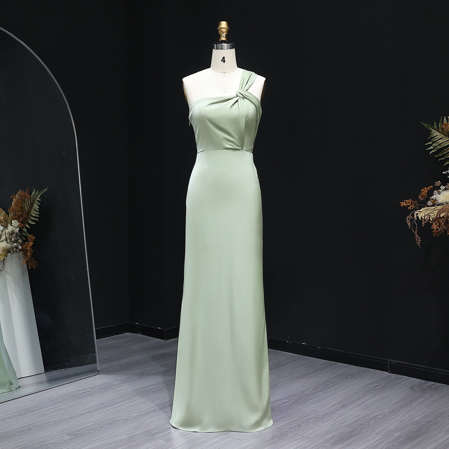 Sage Green Twist One-Shoulder Satin Sheath Bridesmaid Dress BS030