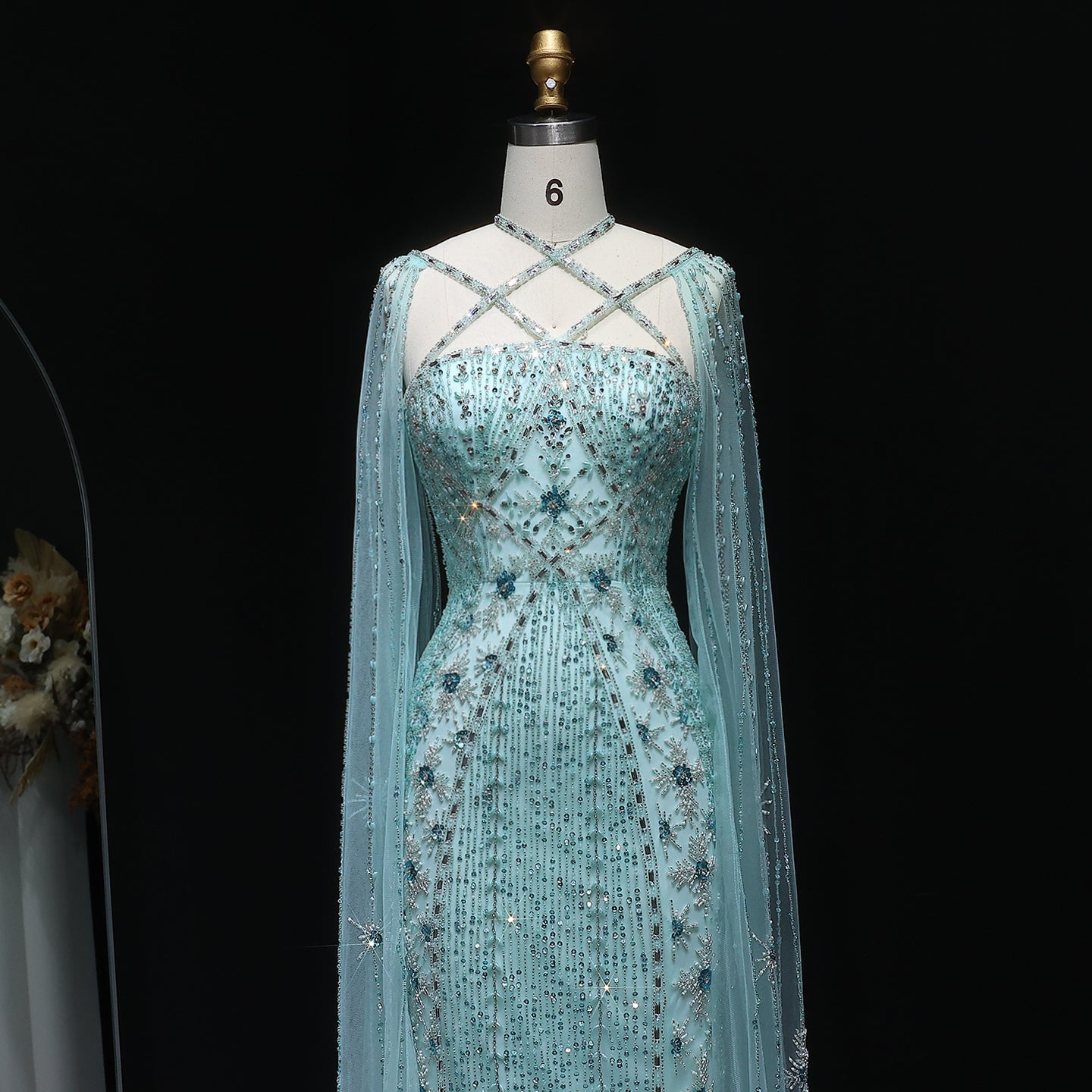 Luxury Lavender Beaded Mermaid Evening Gown with Detachable Cape Sleeves SS391 Sheer Fairy