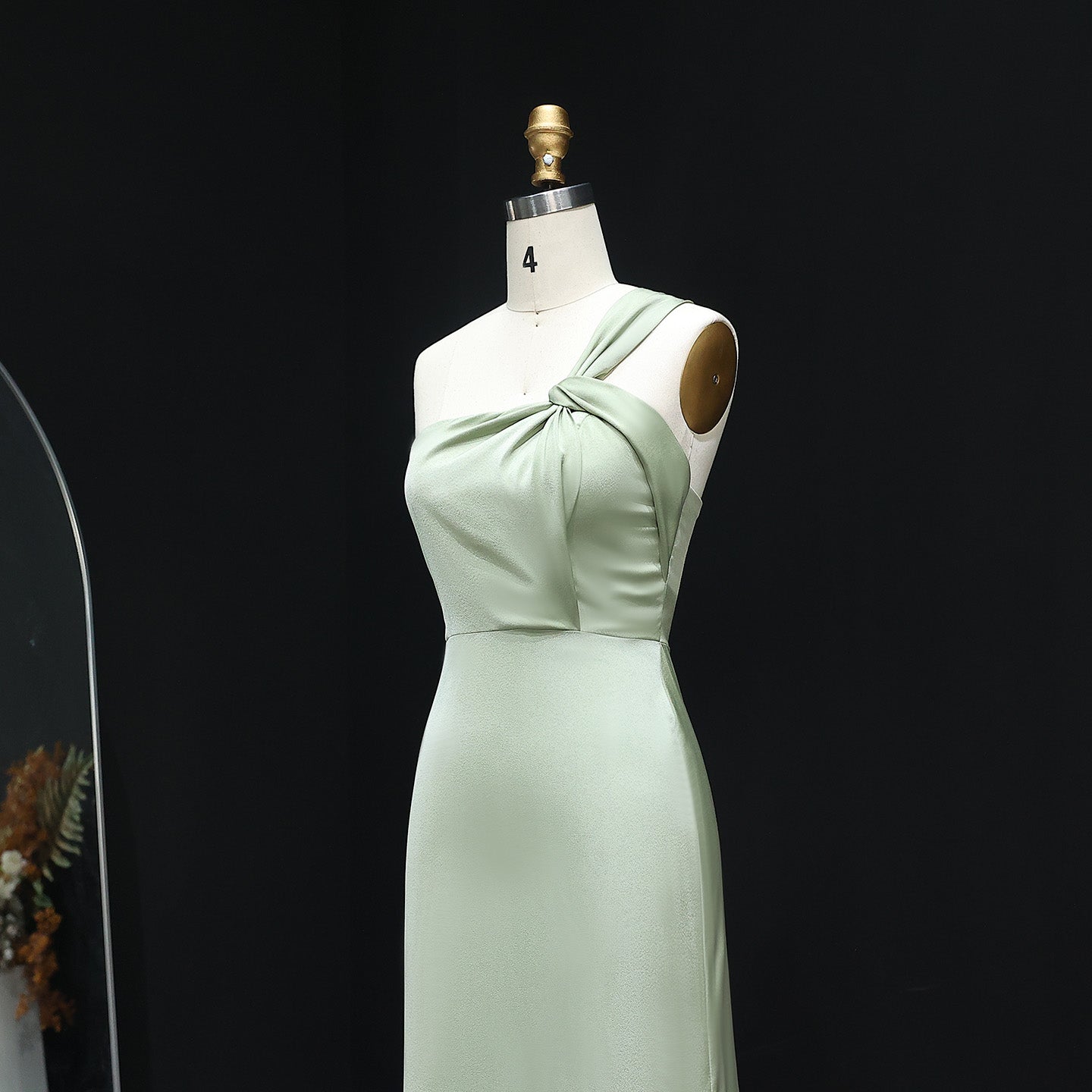 Sage Green Twist One-Shoulder Satin Sheath Bridesmaid Dress BS030