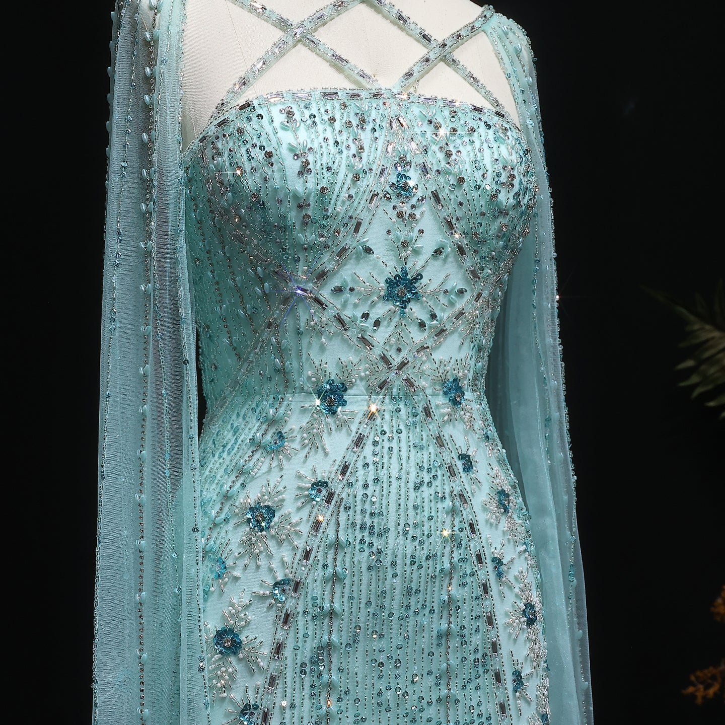 Luxury Lavender Beaded Mermaid Evening Gown with Detachable Cape Sleeves SS391 Sheer Fairy