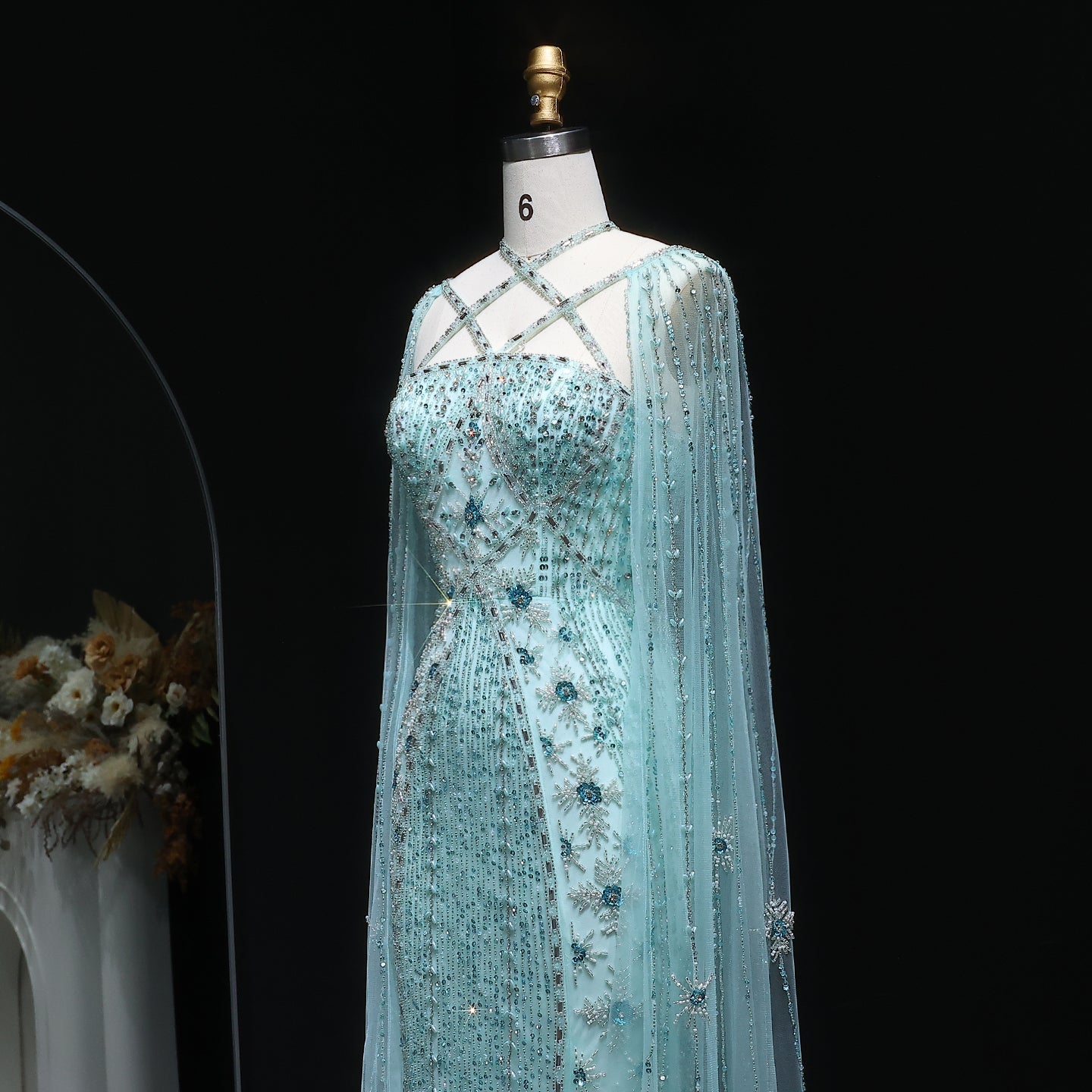 Luxury Lavender Beaded Mermaid Evening Gown with Detachable Cape Sleeves SS391 Sheer Fairy