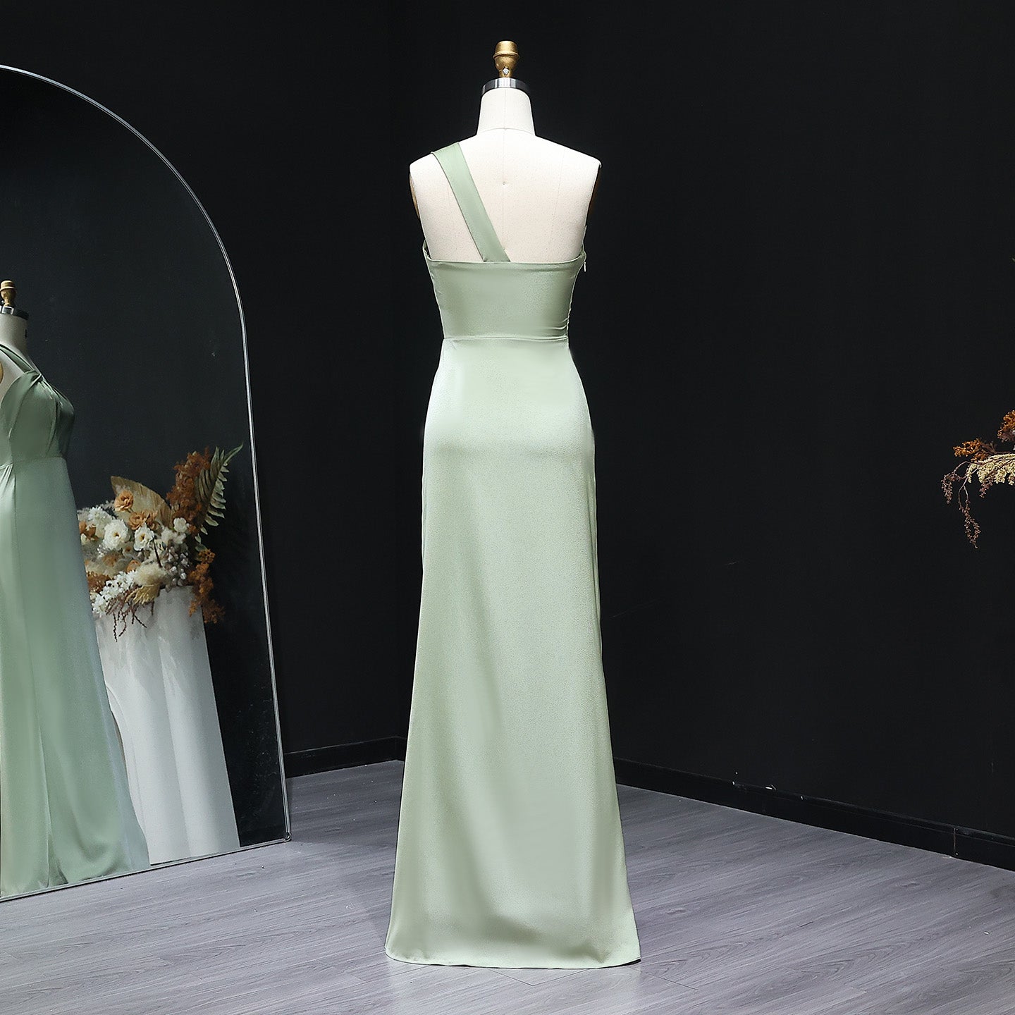 Sage Green Twist One-Shoulder Satin Sheath Bridesmaid Dress BS030