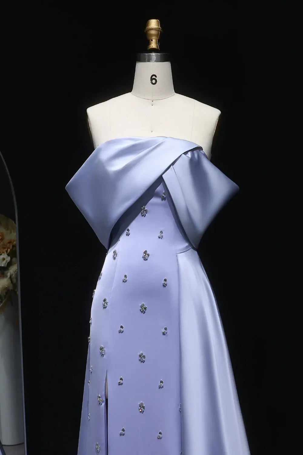 Asymmetric Off-the-Shoulder Dusty Blue Satin Evening Dress SF301 Sheer Fairy