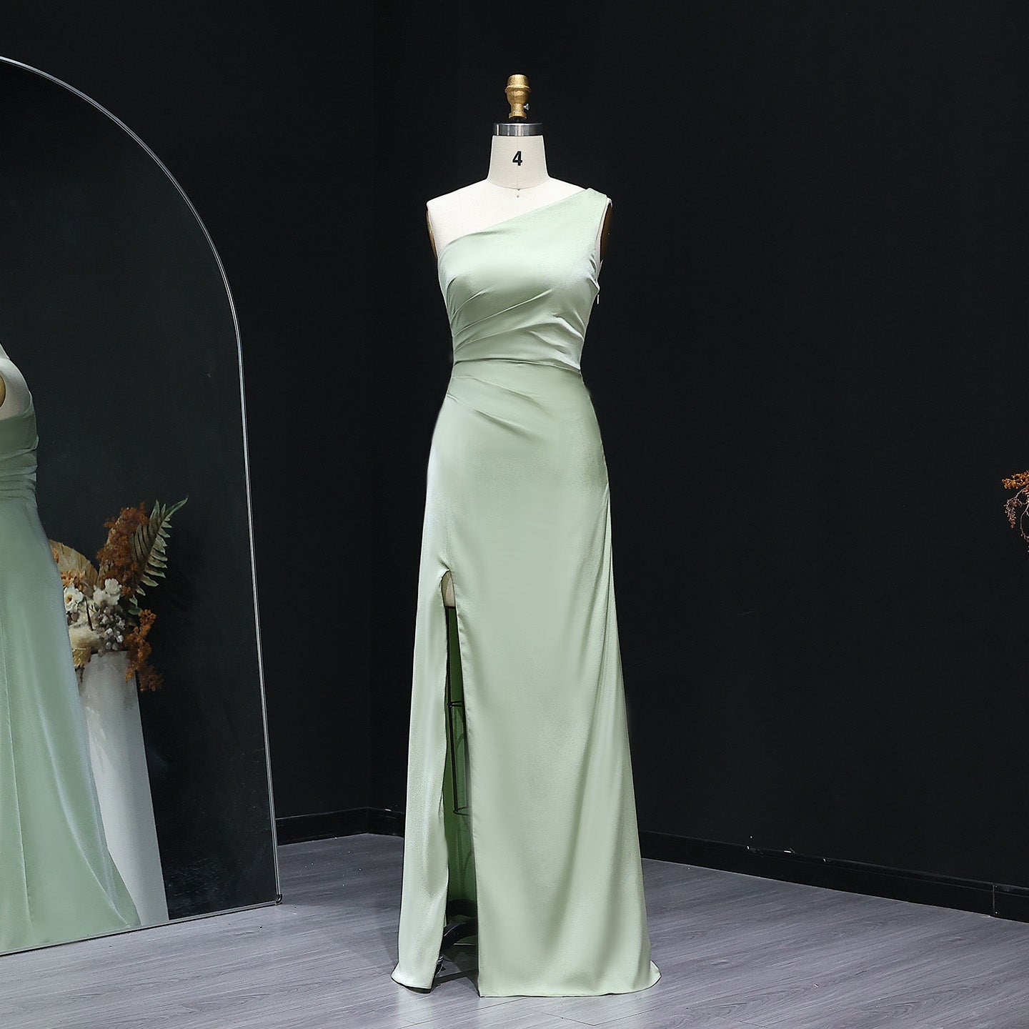 Simple Sage Green One-Shoulder Satin Sheath Bridesmaid Dress BS005