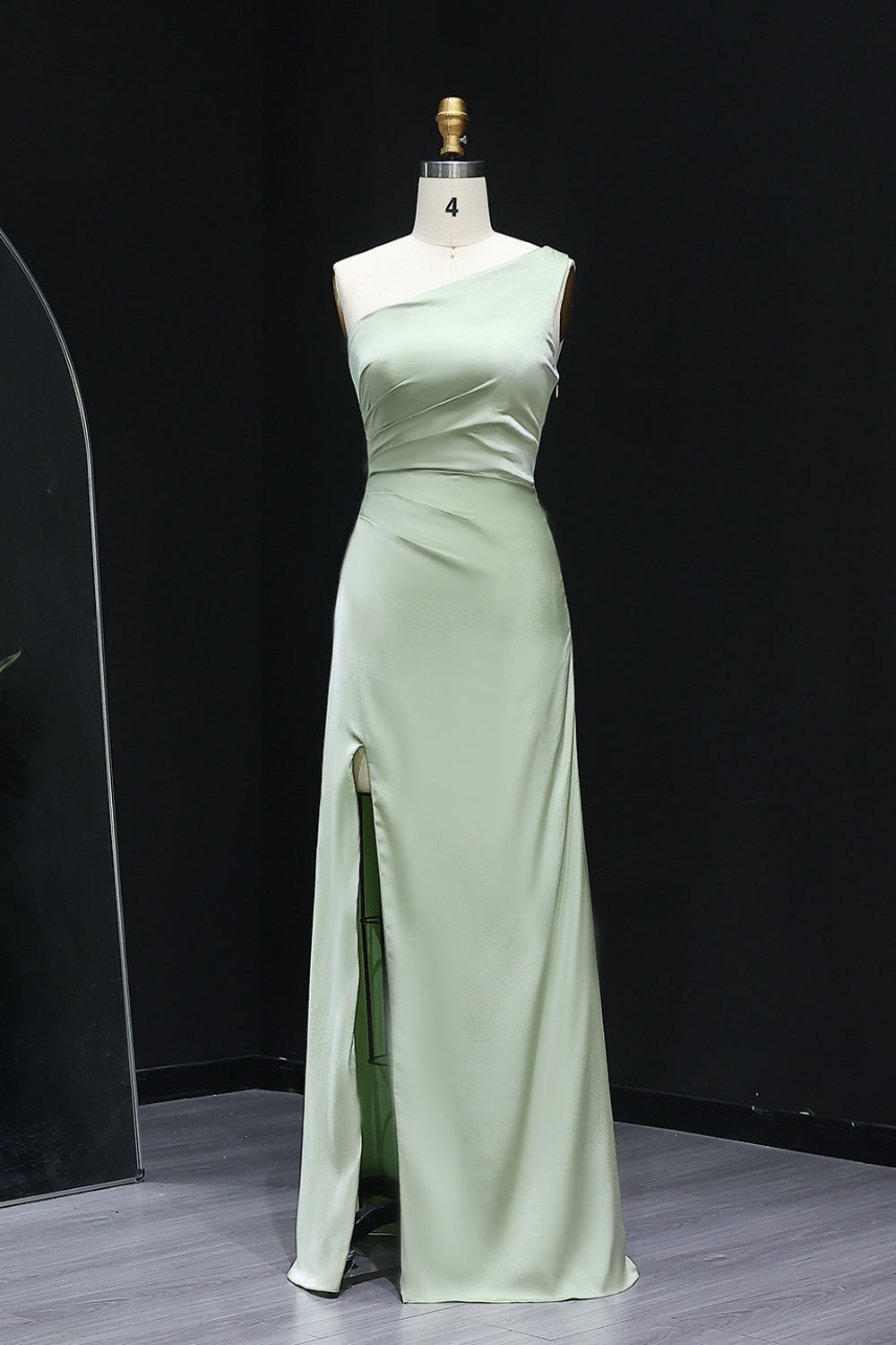 Simple Sage Green One-Shoulder Satin Sheath Bridesmaid Dress BS005