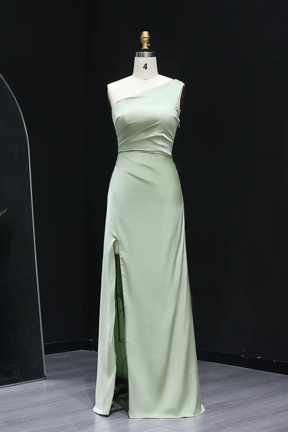Simple Sage Green One-Shoulder Satin Sheath Bridesmaid Dress BS005 Sheer Fairy