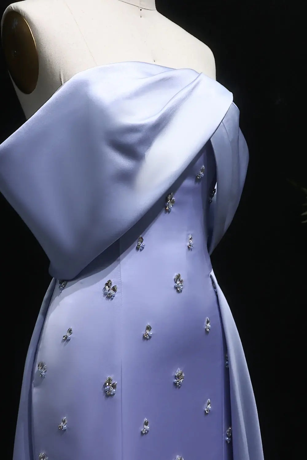 Asymmetric Off-the-Shoulder Dusty Blue Satin Evening Dress SF301 Sheer Fairy