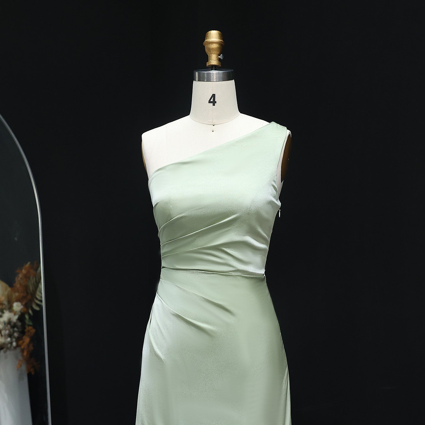 Simple Sage Green One-Shoulder Satin Sheath Bridesmaid Dress BS005