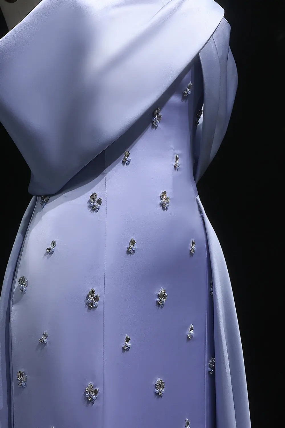 Asymmetric Off-the-Shoulder Dusty Blue Satin Evening Dress SF301 Sheer Fairy