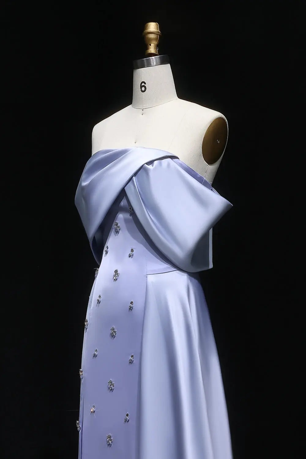 Asymmetric Off-the-Shoulder Dusty Blue Satin Evening Dress SF301 Sheer Fairy