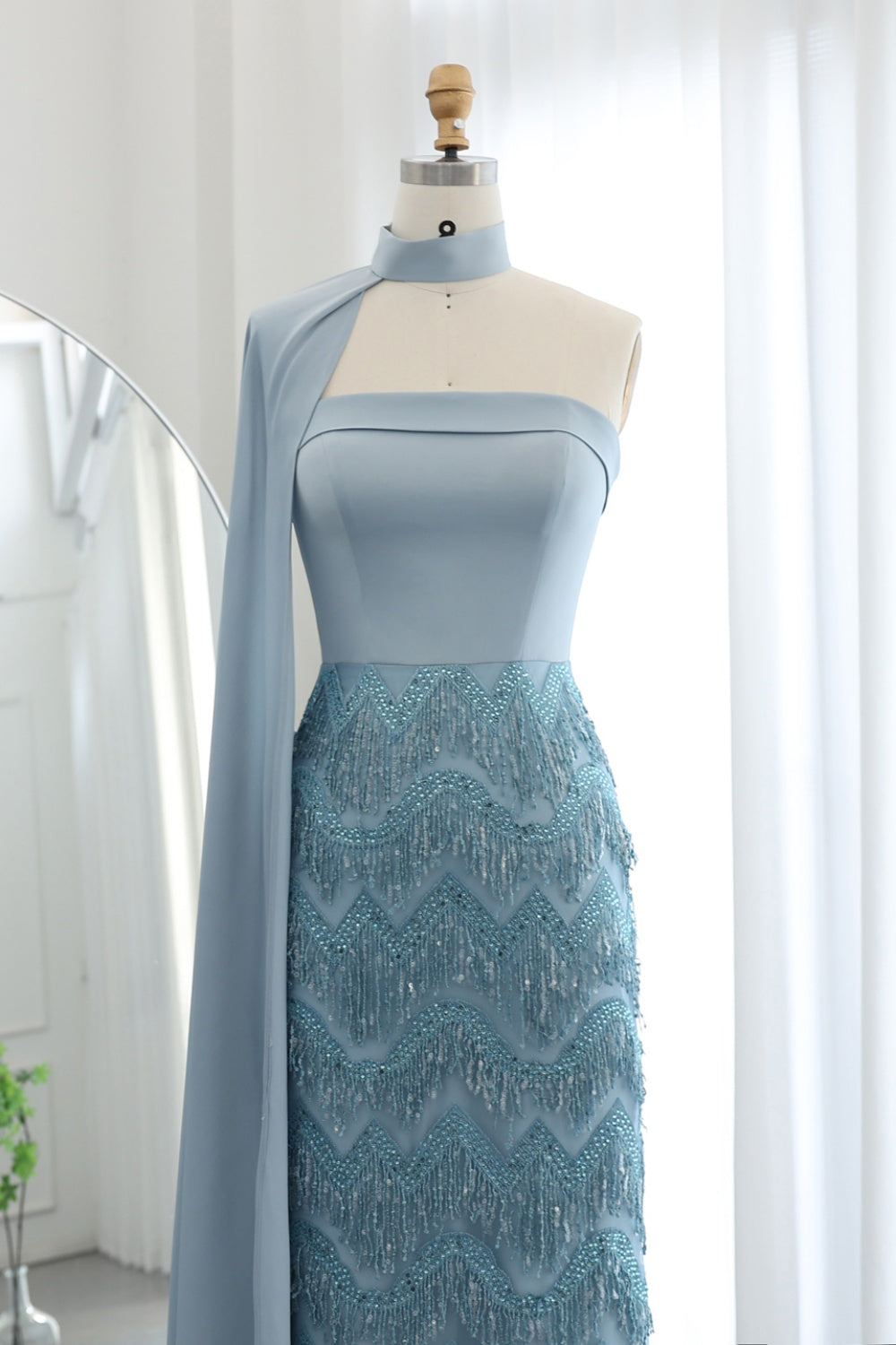 Blue Tassel Strapless Evening Dress with Cape Sleeve SS143 Sheer Fairy