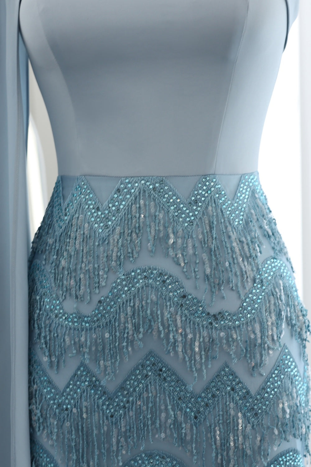 Blue Tassel Strapless Evening Dress with Cape Sleeve SS143 Sheer Fairy