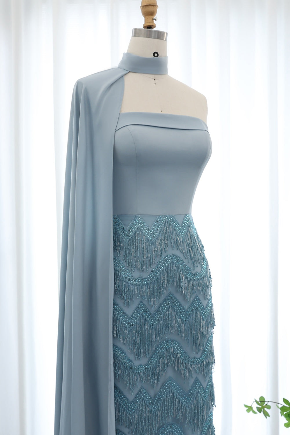Blue Tassel Strapless Evening Dress with Cape Sleeve SS143 Sheer Fairy