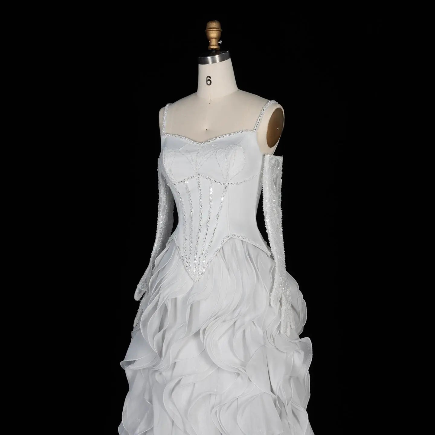 Luxurious Light Grey Corset Ball Gown Cascading Ruffle Tiered Evening Dress With Gloves SS672 Sheer Fairy