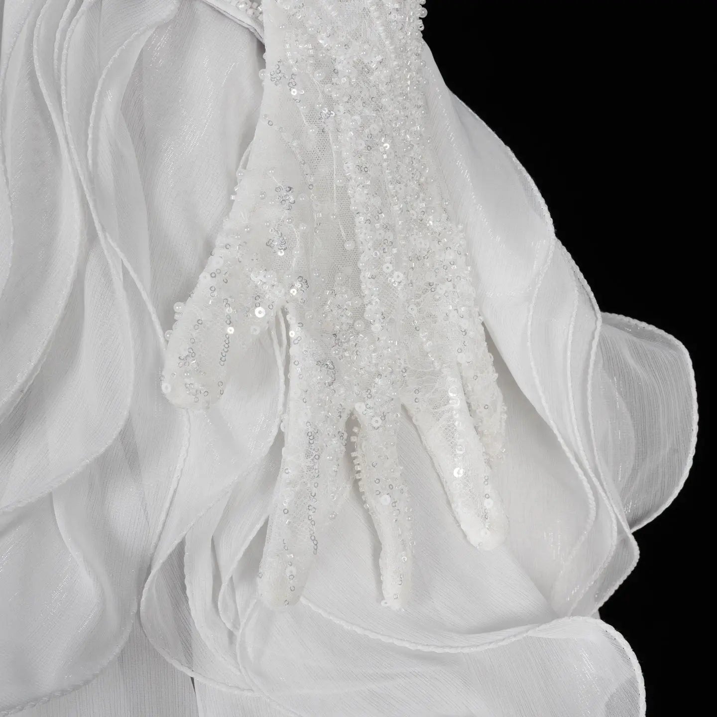 Luxurious Light Grey Corset Ball Gown Cascading Ruffle Tiered Evening Dress With Gloves SS672 Sheer Fairy