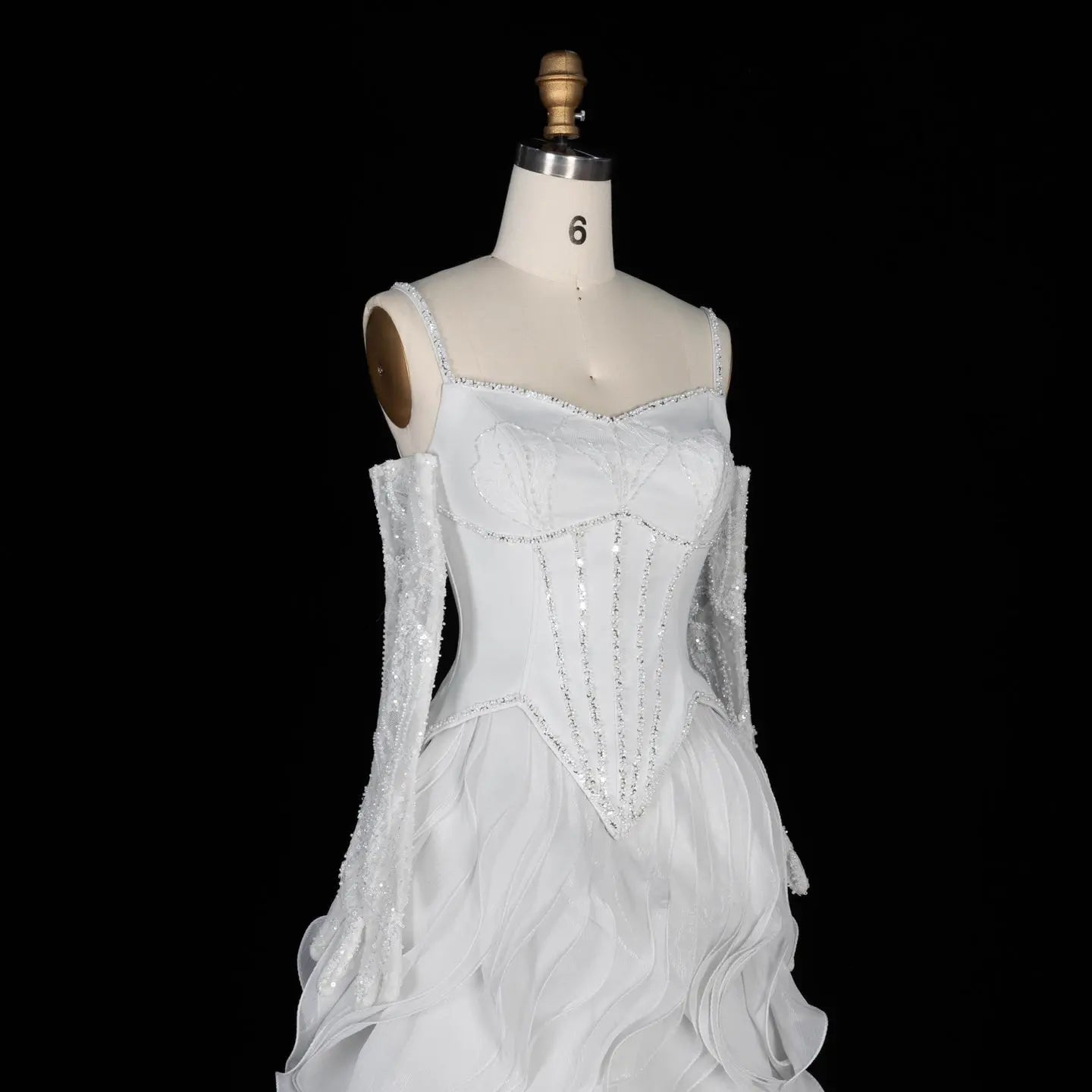 Luxurious Light Grey Corset Ball Gown Cascading Ruffle Tiered Evening Dress With Gloves SS672 Sheer Fairy